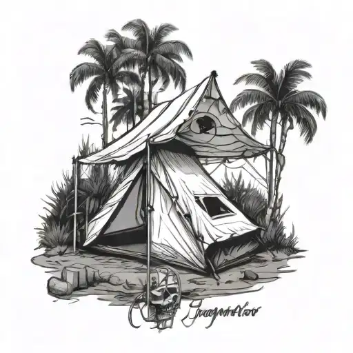 half dead , surf life camp tent in forest, jagermeister tattoo design idea