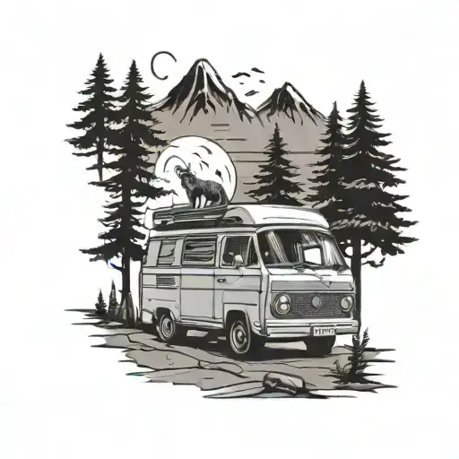 A vanlife scene with a wolf driving a camper van through a forest tattoo design idea