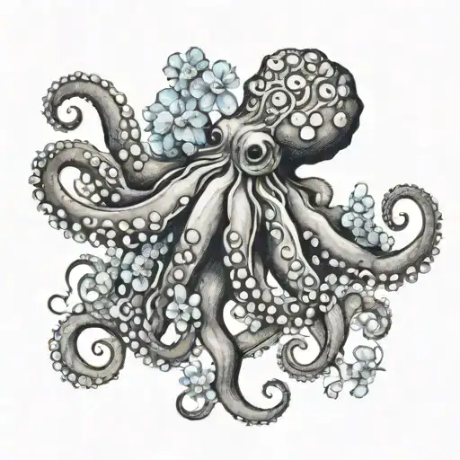 octopus with forgetmenot fine line tattoo design idea