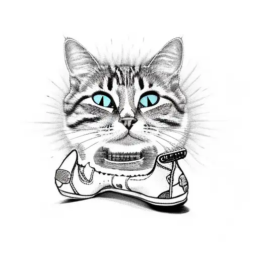 A skateboarding cat wearing pink Vans and listening to music tattoo design idea