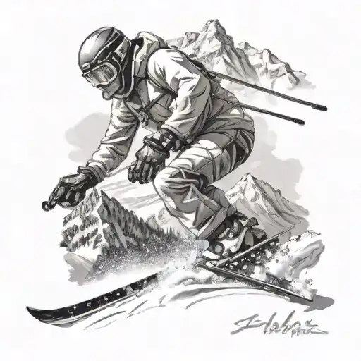 A snow skier carving through fresh powder with a mountain backdrop tattoo design idea