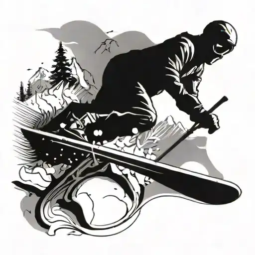A snow skier carving through fresh powder with a mountain backdrop tattoo design idea