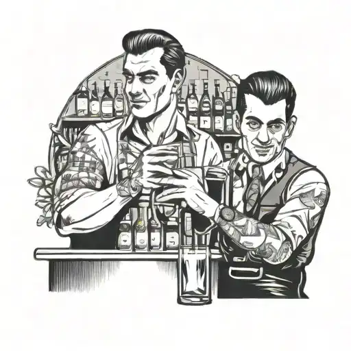 A bartender mixing drinks behind a bar with casino elements tattoo design idea