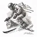 A snow skier carving through fresh powder with a mountain backdrop tattoo design idea