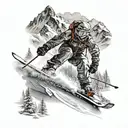 A snow skier carving through fresh powder with a mountain backdrop tattoo design idea
