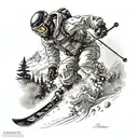 A snow skier carving through fresh powder with a mountain backdrop tattoo design idea