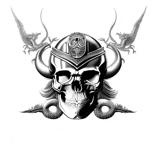 3/4 view skull of viking with dragon tattoo design idea