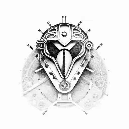 gear with steampunk penguin, antique scissors, hockey goalie mask, and antique gold club tattoo design idea