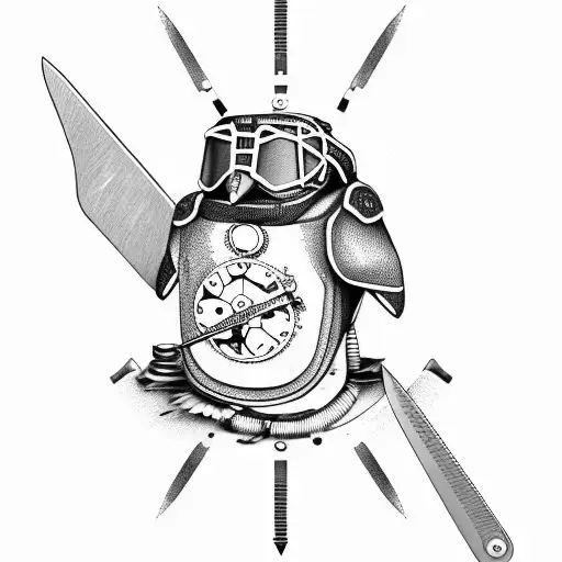 gear with steampunk penguin, antique scissors, hockey goalie mask, and antique gold club tattoo design idea
