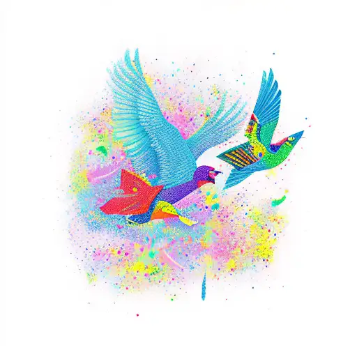 A zipliner soaring through a vibrant jungle with a flock of colorful birds tattoo design idea