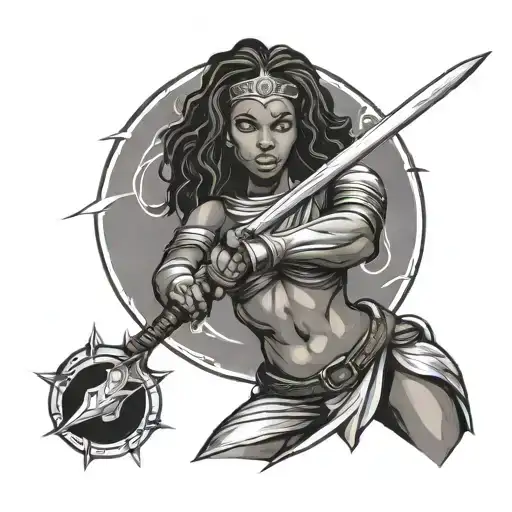 black girl warrior wielding a sword tattoo design idea