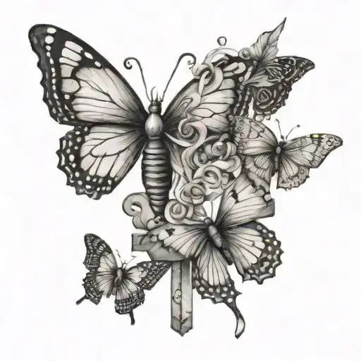 5 butterflies flying towards a cross and one butterfly has a cancer ribbon as its body  tattoo design idea