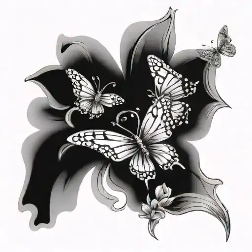 5 butterflies flying towards a cross in a garden of flowers and one significant butterfly has a cancer ribbon  tattoo design idea