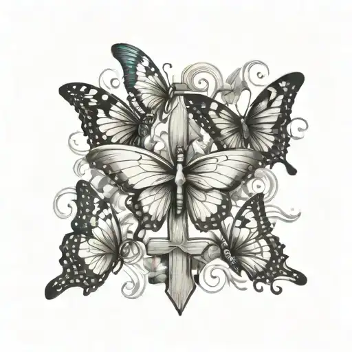 5 butterflies flying towards a cross and include a cancer ribbon  tattoo design idea