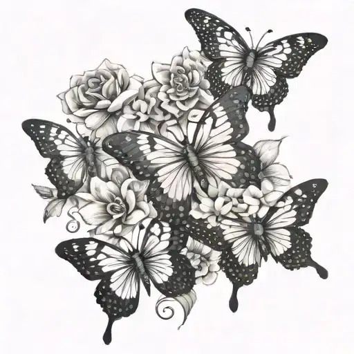 5 butterflies flying towards a cross surround by flowers and one significant butterfly has a cancer ribbon  tattoo design idea