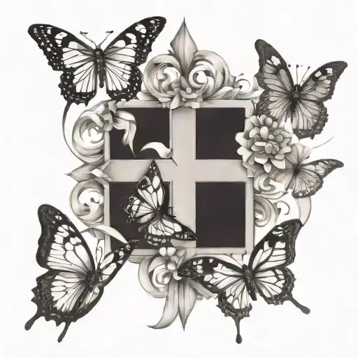 5 butterflies flying towards a cross  and one significant butterfly has a cancer ribbon  tattoo design idea
