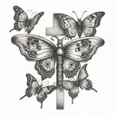 5 butterflies flying towards a cross and one butterfly has a cancer ribbon as its body  tattoo design idea