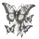 5 butterflies flying towards a cross and one butterfly has a cancer ribbon as its body  tattoo design idea