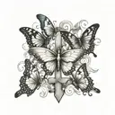 5 butterflies flying towards a cross and include a cancer ribbon  tattoo design idea