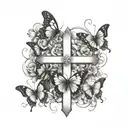 5 butterflies flying towards a cross and include a cancer ribbon  tattoo design idea