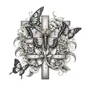 5 butterflies flying towards a cross and include a cancer ribbon  tattoo design idea
