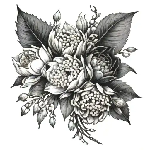Chrysanthemum Peony Lily Daffodil lily of the valley  bouquet wrapped round tattoo design idea