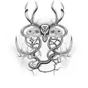 snake with stag skull and spider webs and vines and moth  tattoo design idea