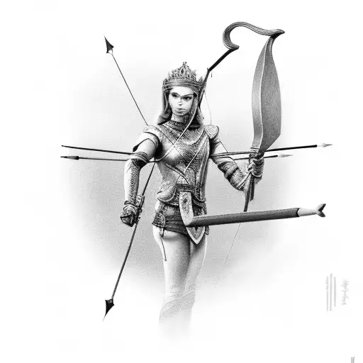 crown with small female archer on top tattoo design idea