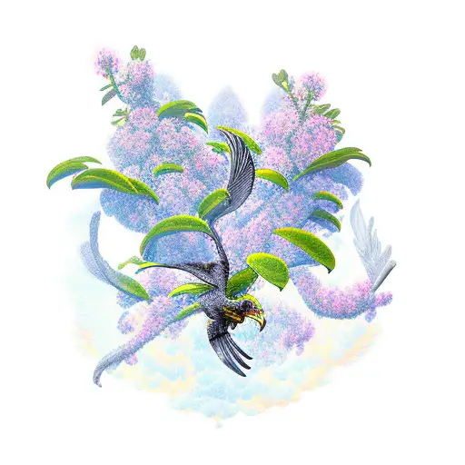 An intricate new-school design of a rhododendron blossom transforming into a soaring eagle tattoo design idea