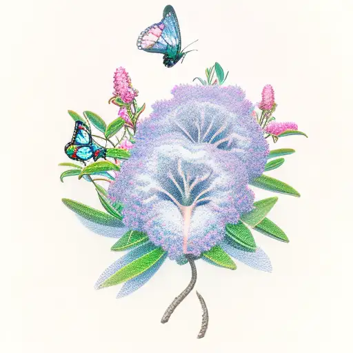 A whimsical new-school design featuring a rhododendron surrounded by colorful butterflies tattoo design idea