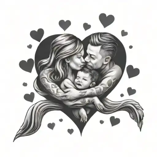 Mom and dad hug their son and there are hearts around them tattoo design idea