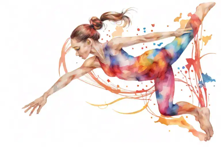 autism puzzle piece, gymnast doing one handed cartwheel above puzzle pieee with a music staff trailing behind her feel. tattoo design idea