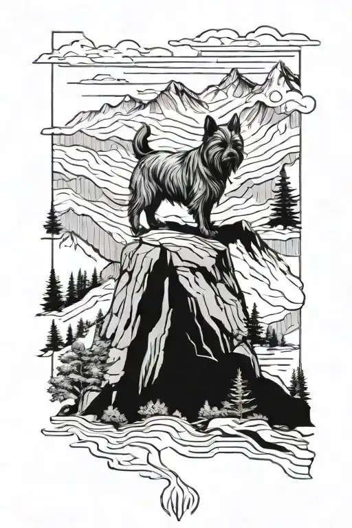hiking trails going up the mountains with forest at the bottom. a small cairn terrier is waiting on the trail tattoo design idea