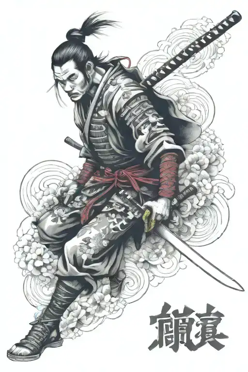 Create a image in surrealism style tattoo of a surreal samurai warrior with sword made of the blood of their enemies, sy tattoo design idea