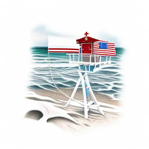 A beach scene with a lifeguard tower and medical cross symbol to represent the client's love for the beach and their role as a registered nurse paramedic tattoo design idea