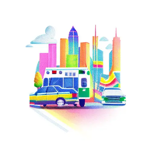 An ambulance driving through a cityscape with rainbow-colored skyscrapers to represent the client's occupation and gay identity tattoo design idea