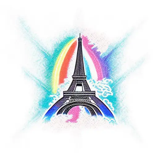 A rainbow-colored Eiffel Tower surrounded by waves to represent the client's love for both Paris and the beach tattoo design idea
