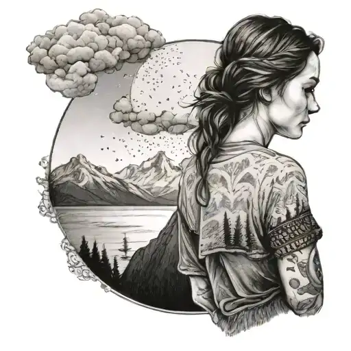 girl overlooking ocean and mountains in snow, she is sad and overlooking away from the foreground tattoo design idea