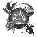 A heartbeat waveform morphing into a constellation of magical creatures tattoo design idea