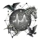 A heartbeat waveform morphing into a constellation of magical creatures tattoo design idea
