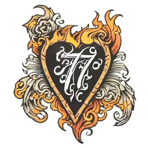 small flame tattoo with a hidden heart and the number 77 tattoo design idea