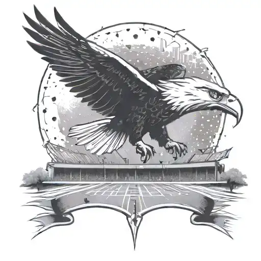 An eagle soaring above a football field, with a subtle nod to religion in the background tattoo design idea