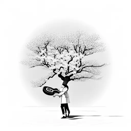A relaxing scene of a chef playing a guitar under a cherry blossom tree tattoo design idea