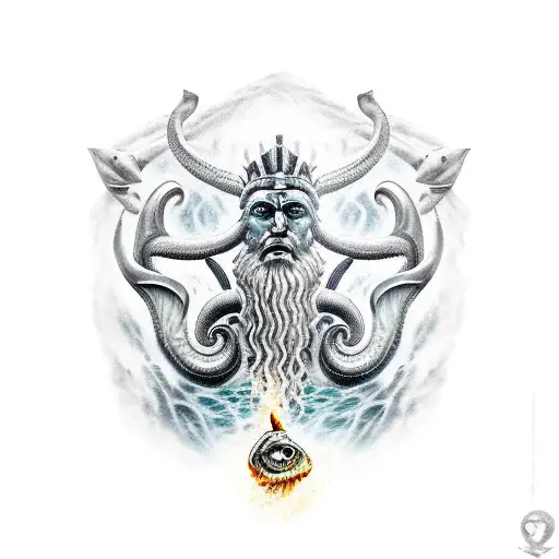 poseidon god of sea stabbing tarpon tattoo design idea