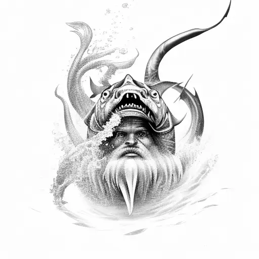 poseidon god of sea stabbing tarpon fish tattoo design idea