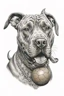 pitbull dog with a ball in its mouth with tongue tattoo design idea