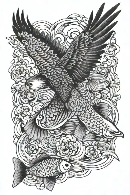 i want a neck to upper arm tattoo featuring a black hawk picking up 2 koi fish tattoo design idea