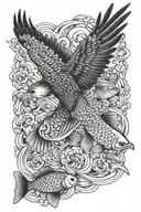 i want a neck to upper arm tattoo featuring a black hawk picking up 2 koi fish tattoo design idea