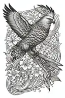 i want a neck to upper arm tattoo featuring a black hawk picking up 2 koi fish tattoo design idea