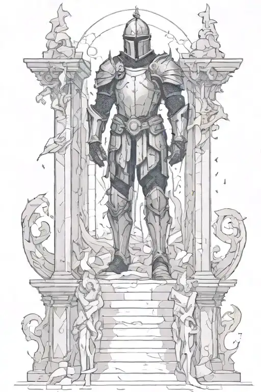 A knight, turned with his back in broken armor, standing on a pile of demons, looks at the gates of heaven which are a l tattoo design idea